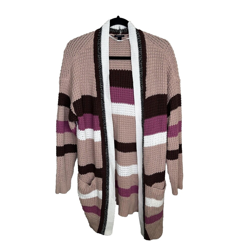 Torrid Cardigan Sweater Womens 1X US 14/16 Brown Pink White Striped Open Pockets